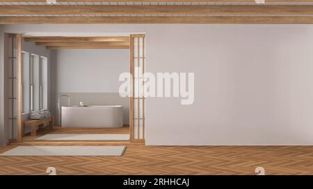 Salle de bains minimale en japandi dans les tons bois et blanc. Maquette avec espace de copie. Baignoire sur pied, moquette, mosaïque et parquet à chevrons. Moderne Banque D'Images