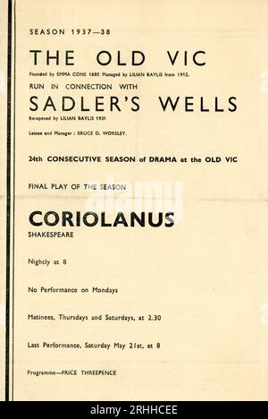 Couverture du programme pour LAURENCE OLIVIER et SYBIL THORNDIKE dans CORIOLANUS 1938 pièce de William Shakespeare produite par LEWIS CASSON dernière production de la saison 1937-1938 au Old Vic Theatre de Waterloo, Londres Banque D'Images