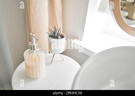 Respectueux de l'environnement. Bouteille de savon avec distributeur à placer près des fournitures hygiéniques assorties sur l'étagère dans la salle de bain Banque D'Images