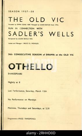 Couverture du programme de RALPH RICHARDSON et LAURENCE OLIVIER dans la pièce OTHELLO de William Shakespeare produite par TYRONE GUTHRIE de la saison 1937-1938 au Old Viv Theatre de Waterloo, Londres Banque D'Images