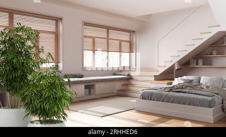 Intérieur zen avec plante de bambou en pot, concept de design intérieur naturel, chambre minimale avec lit et escalier, architecture de style japandi Banque D'Images