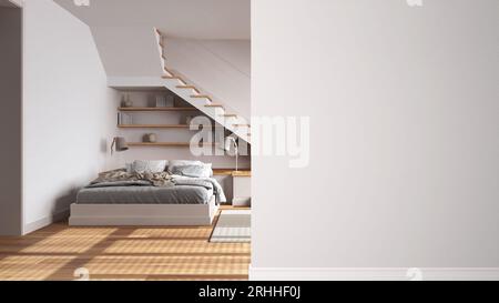 Chambre blanche moderne avec escalier sur un mur de premier plan, idée d'architecture de design d'intérieur, concept avec espace de copie, fond blanc, modèle, maquette Banque D'Images