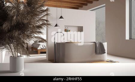 Plateau de table blanc ou étagère avec pailles, plantes sèches, ornement, oreilles, gerbe, branche en vase, sur salle de bain japandi avec baignoire, design intérieur minimal Banque D'Images