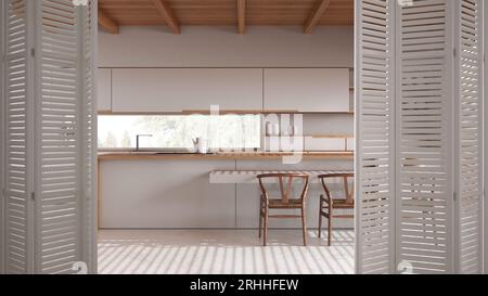 Ouverture de porte pliante blanche sur cuisine blanche minimale japandi avec îlot, sol en résine, design intérieur moderne, concept de designer architecte Banque D'Images
