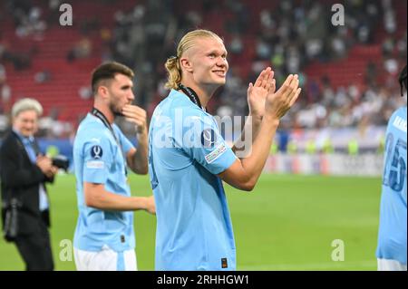 Pirée, Lombardie, Grèce. 17 août 2023. 9 ERLING HAALAND de Manchester City après avoir remporté le match de Super coupe de l'UEFA entre Manchester City et Sevilla FC au Georgios Karaiskakis Stadium le 16 août 2023, au Pirée, Grèce. (Image de crédit : © Stefanos Kyriazis/ZUMA Press Wire) USAGE ÉDITORIAL SEULEMENT! Non destiné à UN USAGE commercial ! Banque D'Images