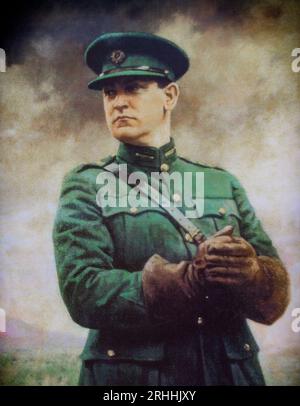 Portrait du 20e siècle de Michael Collins (1890-1922), révolutionnaire irlandais, soldat et homme politique maintenant accroché dans le Dail. Il fut une figure de proue dans la lutte pour l'indépendance irlandaise du début du 20e siècle qui se rendit à la conférence de paix de Londres pour négocier un traité. Les négociations aboutirent finalement au traité anglo-irlandais qui fut signé le 6 décembre 1921. Il est président du gouvernement provisoire de l'État libre d'Irlande à partir de janvier 1922 et commandant en chef de l'armée nationale de juillet jusqu'à sa mort dans une embuscade en août 1922, pendant la guerre de Sécession. Banque D'Images