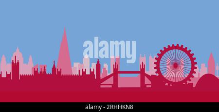 Silhouette de la ville aux couleurs roses avec une grande roue. Ville rose. Ville pour une poupée contre le ciel bleu.Vector Illustration de Vecteur