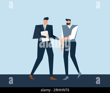 Vecteur business llustration avec des personnages masculins plats. Concept sur la communication du demandeur d'emploi et spécialiste des RH qui embauchent expert . Poignée de main des hommes Illustration de Vecteur