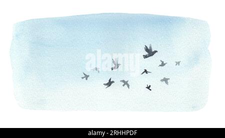 Ciel bleu sans nuages avec des oiseaux. Fond dessiné à la main à l'aquarelle. Banque D'Images