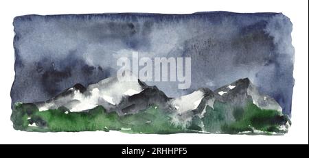 Paysage brumeux aquarelle avec des montagnes et des pins. Illustration dessinée à la main d'un orage dans les montagnes. Tempête et mauvais temps Banque D'Images