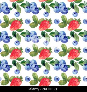 Motif aquarelle sans couture avec des fraises et des myrtilles. Baies mûres juteuses. Imprimé d'été pour le menu et la cuisine Banque D'Images