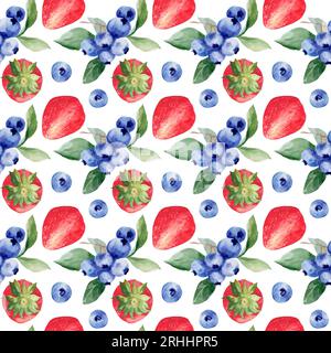 Motif aquarelle sans couture avec des fraises et des myrtilles. Baies mûres juteuses. Imprimé d'été pour le menu et la cuisine Banque D'Images