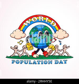 Journée mondiale de la population, la terre marche joyeusement tenant un homme en papier, parfait pour les logos, t-shirts, autocollants et affiches Illustration de Vecteur