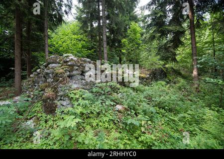 Des milliers de sacs fossilisés de ciment au dépôt de matériaux de construction près du complexe Wlodarz du projet Riese à Gluszyca, Pologne. En 1943 Allemagne nazie Banque D'Images