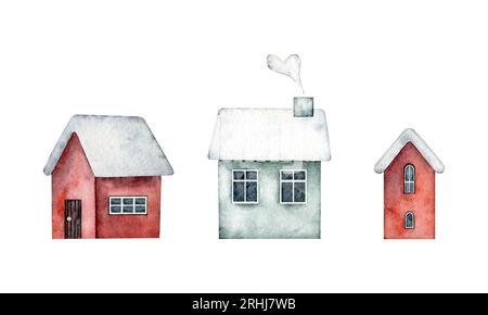 Ensemble d'hiver de jolies maisons avec portes, fenêtres, cheminée, avec de la neige sur le toit. Aquarelle peinte à la main pour carte de Noël, souvenirs, hiver Banque D'Images