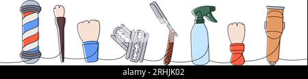 Outils de coiffeur une ligne de dessin continu coloré. Poteau de salon de coiffure, brosse de maquillage, lame de rasoir, tondeuse à cheveux illustration continue d'une ligne. Illustration de Vecteur