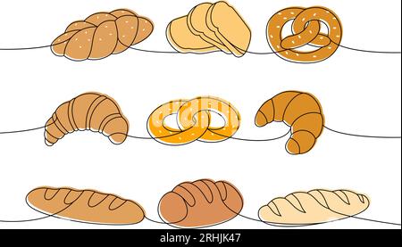 Ensemble de pains frais une ligne de dessin continu coloré. Pain de grain entier, bretzel, croissant, bagel, baguette illustration continue d'une ligne. Illustration de Vecteur