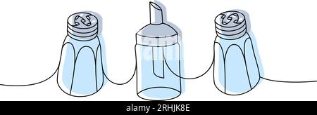 Ustensiles de cuisine une ligne de dessin continu coloré. Salière, shaker à papier, portion sucrier illustration continue d'une ligne. Illustration de Vecteur