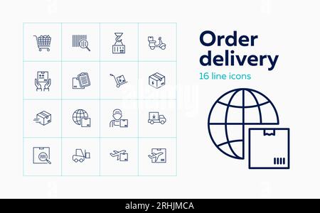 Ensemble d'icônes de ligne de livraison de commande. Code-barres, chargement Illustration de Vecteur