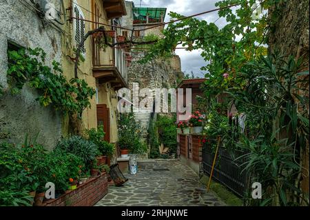 Cours et petites places transformées en jardins avec des plantes, des fleurs et des vases dans le centre historique de Prezza. Prezza, Abruzzes, Italie, Europe Banque D'Images