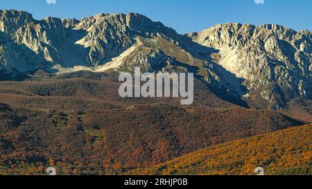 Les collines boisées aux allures automnales rouges et brunes et les pics pierreux et stériles de Sirente. Parc naturel régional Sirente Velino, Abruzzes, Italie, Banque D'Images