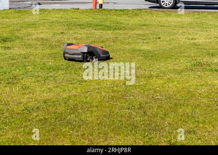 Robot tondeuse tond l'herbe dans un parc de la ville Banque D'Images