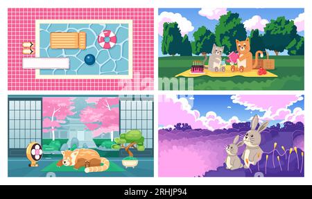 Kawaii animaux mignon chill lo fi fonds d'écran ensemble Illustration de Vecteur