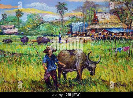 peint à la main original impressionnisme chefs-d'œuvre peintre art contemporain peinture à l'huile campagne thaïlande paysage campagne Banque D'Images