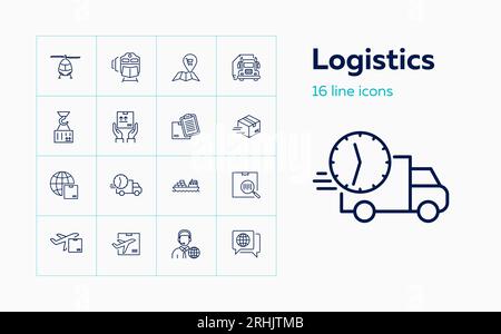 Jeu d'icônes de ligne logistique. Carte, train, colis Illustration de Vecteur