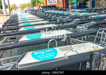 Chariots devant un supermarché Lidl à Wolverhampton, Royaume-Uni Banque D'Images