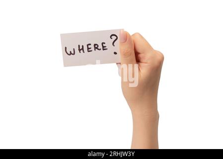 Où le texte sur une carte dans une main de femme isolé sur un fond blanc. Banque D'Images