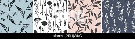 Ensemble de quatre motifs floraux avec des fleurs et des feuilles dans des couleurs bleues, roses, noires et blanches. Imprimés floraux sans couture vectoriels Illustration de Vecteur