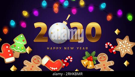 Bonne année 2020 lettrage, guirlandes, biscuits au pain d'épice Illustration de Vecteur