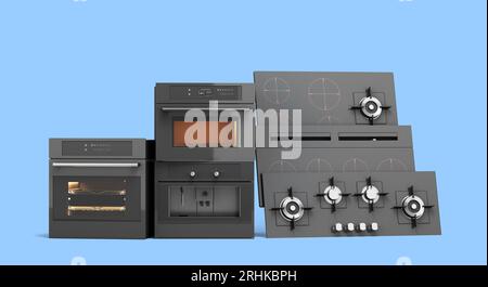 surfaces de cuisson électriques et à gaz intégrées et fours rendu 3d sur bleu Banque D'Images