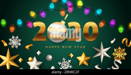 Bonne année 2020 lettrage avec guirlandes lumineuses, étoiles Illustration de Vecteur