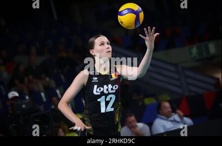 Gand, Belgique. 17 août 2023. La Belge Charlotte Krenicky photographiée en action lors d'un match de volleyball entre la Hongrie et l'équipe nationale belge féminine de volleyball les Tigres jaunes dans la phase de groupes des Championnats d'Europe féminins 2023, jeudi 17 août 2023 à Gand. Les Championnats d'Europe féminins 2023 ont lieu du 15 août au 3 septembre. BELGA PHOTO VIRGINIE LEFOUR crédit : Belga News Agency/Alamy Live News Banque D'Images