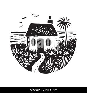 Illustration d'impression de bloc de cabane de plage fantaisiste pour le concept de voyage tropical. Vecteur maison côtière avec palmier stylisé pour les vacances. Illustration de Vecteur