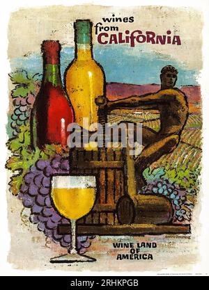 Affiche de voyage californienne - vins de Californie (Wine Advisory Board, années 1960). Affiche touristique - Wine Land of America Banque D'Images