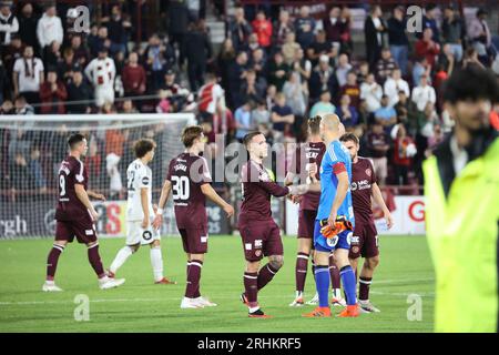 Edimbourg, Royaume-Uni. 17 août 2023. Pendant le match de l'Europa Conference League entre Hearts et Rosenberg à Tynecastle Park Hearts, Cammy Devlin célèbre le but gagnant (crédit photo : David Mollison/Alamy Live News Banque D'Images