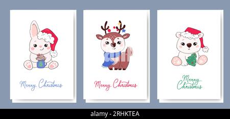 Ensemble de cartes de Noël avec des animaux mignons. Personnages de dessins animés drôles sur les vacances du nouvel an, inscription Joyeux Noël. Cerf, lièvre, ours en peluche et décorations de Noël. Affiches vectorielles dans un style plat. Illustration de Vecteur