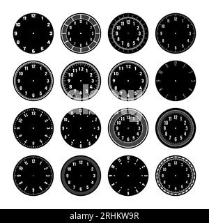 Cadrans d'horloge mécaniques, cadran de montre avec chiffres, cadre. Elément de minuterie ou de chronomètre avec les minutes, les heures et les chiffres. Echelle de cercle de mesure à blanc Illustration de Vecteur