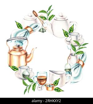 Cadre aquarelle composé d'ustensiles pour boire du thé avec une théière sur fond blanc pour cartes postales, menus, restaurants, emballages, étiquettes, cap Banque D'Images