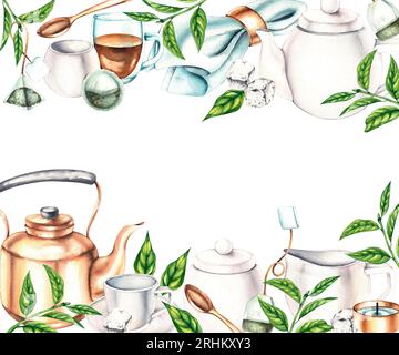 Cadre aquarelle composé d'ustensiles pour boire du thé avec une théière sur fond blanc pour cartes postales, menus, restaurants, emballages, étiquettes, cap Banque D'Images