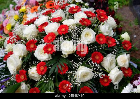 fleurs funéraires de gypsophila blanche, gerbera rouge et roses blanches sur une tombe après un enterrement Banque D'Images