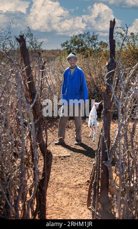 Éleveur de chèvres africain dans le village, Kraal est un enclos qui est utilisé pour garder le bétail en sécurité Banque D'Images