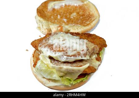 Une délicieuse combinaison de galettes de filet de poulet pané frit, de laitue croustillante, de fromage fondant, d'oignons et de sauce encadrée entre une graine de sésame grillée Banque D'Images