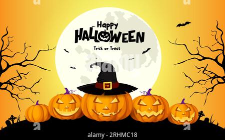 Joyeux design vectoriel de texte halloween. Halloween Trick ou traiter avec des personnages de citrouille effrayants dans le fond de cimetière de nuit. Illustration vectorielle horreur Illustration de Vecteur