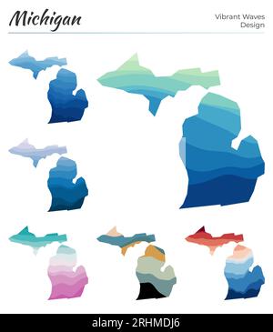 Ensemble de cartes vectorielles du Michigan. Motif vagues éclatantes. Carte lumineuse de nous état dans le style de courbes lisses géométriques. Carte multicolore du Michigan pour votre desi Illustration de Vecteur