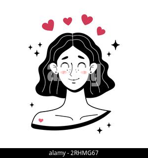 Personnage de fille tomber amoureux. Style Doodle. Illustration vectorielle simple dessinée à la main. Concept d'amour. Style Manga. Personnage féminin mignon avec les yeux fermés souriant Illustration de Vecteur