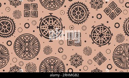 Dessin ethnique motif sans couture, illustration vectorielle tribale symbole maya africain. Décoration de pictogramme de cercle. Noir sur fond brun, bon pour Fash Illustration de Vecteur